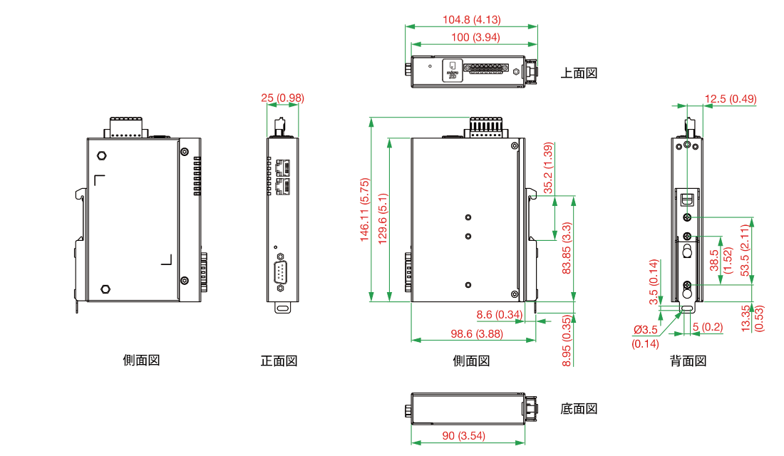 MGate 5192-T DIN-railマウンティング - サイズ