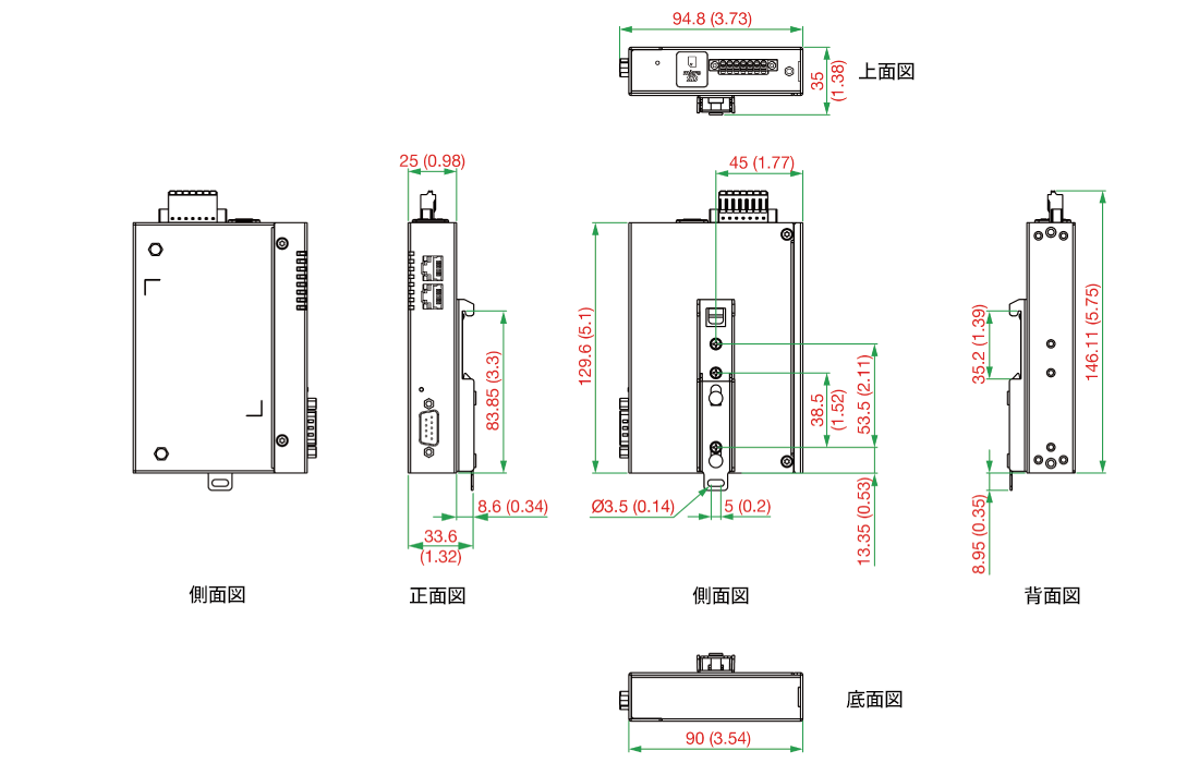 MGate 5192-T DIN-railマウンティング（側面図） - サイズ