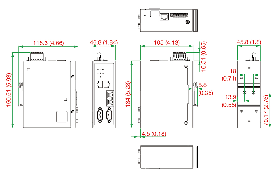 MGate 5216 DINレールマウンティング - サイズ